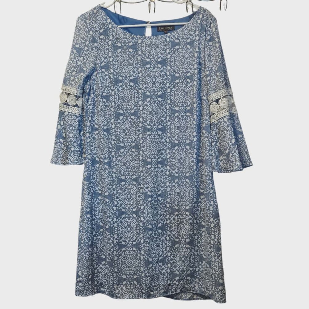 Luxology Womens Light Blue Geometric Print Dress Keyhole Accent Long Sleeve Sz 8